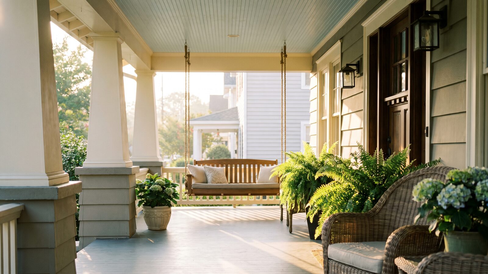 Bright front porch with a swing on a Hampton Roads craftsman home, morning light