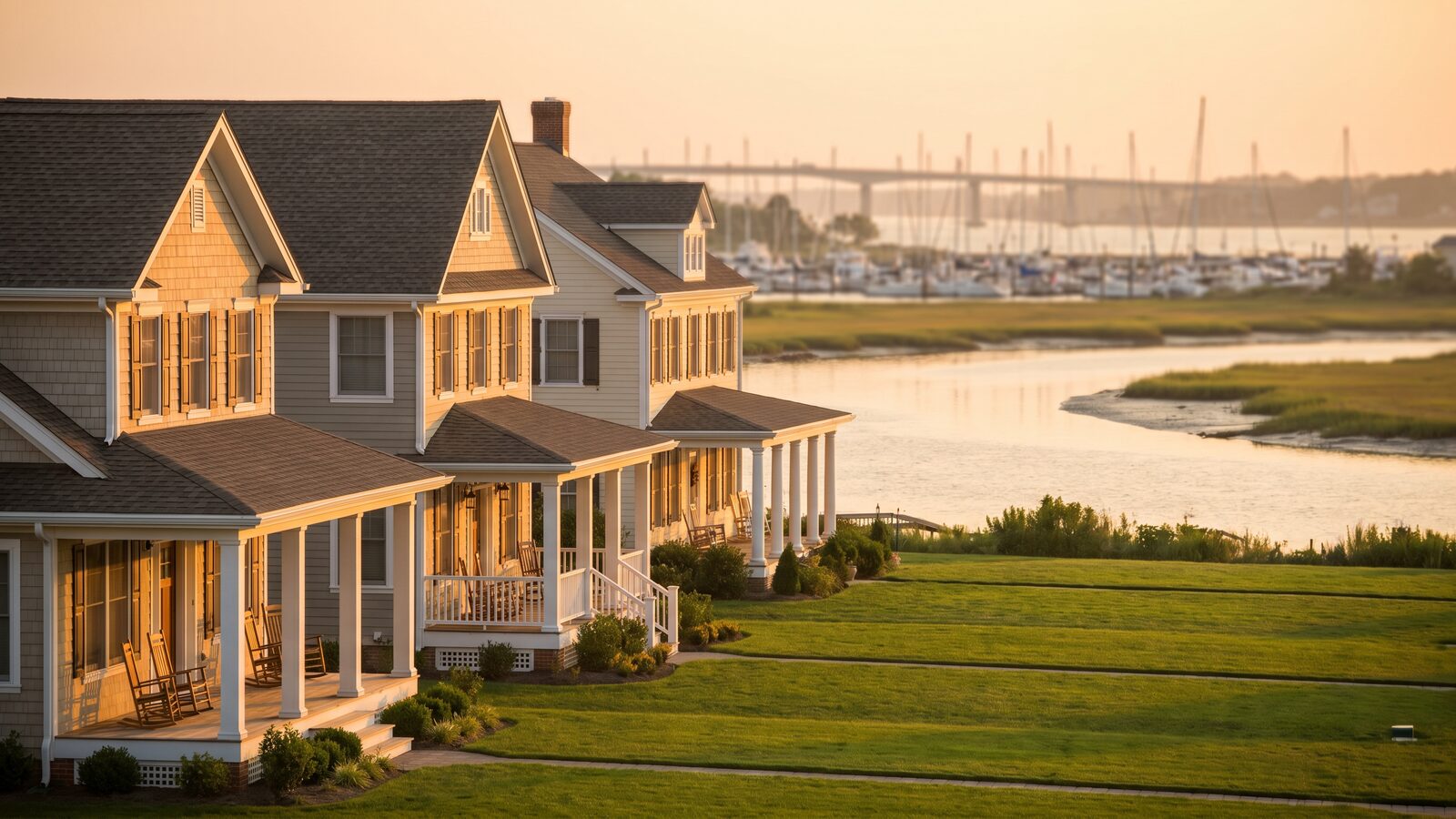 Row of coastal Hampton Roads homes with porches overlooking a waterfront marina at golden hour