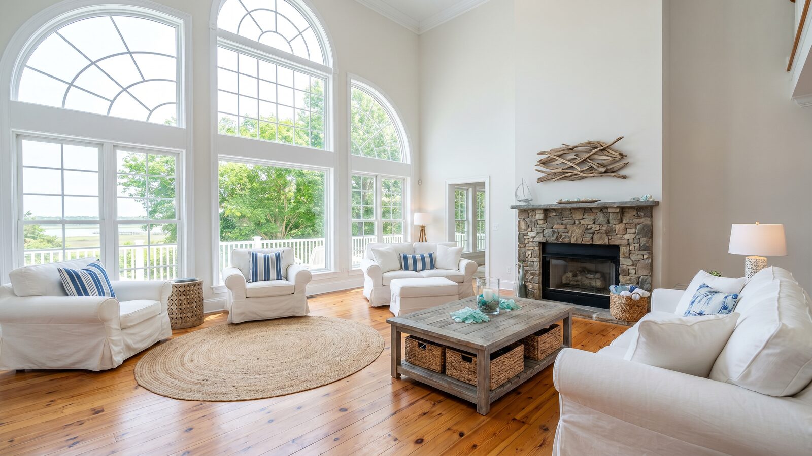 Bright staged living room with large windows in a Hampton Roads home